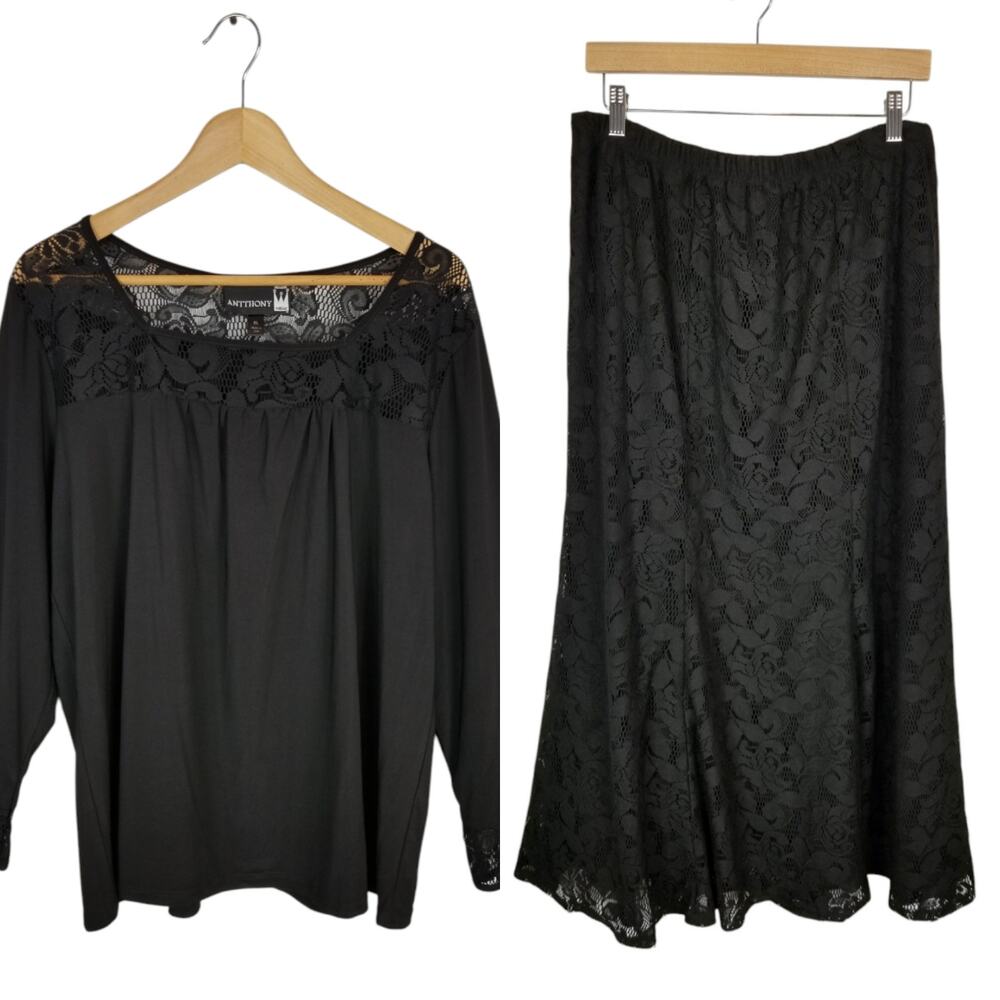 Antthony Original 2 Piece Set Skirt Long Sleeve Stretch Knit Top Black Size XL